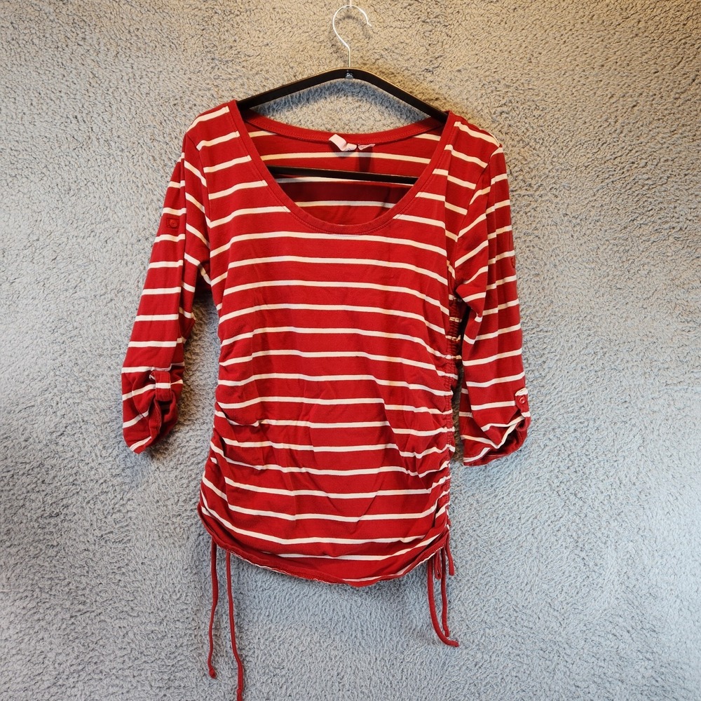 Rumor Has It Blouse Top Women XL Red Striped Cotton Stretch Ruched Side Pullover